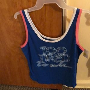 NWT BLUE tank top it says too tired to care Size 15 Junior